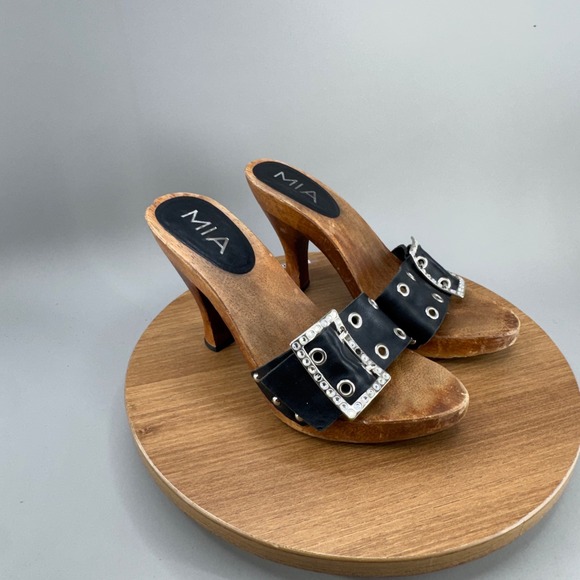 MIA Shoes - MIA Wooden Platform Clog Sandals 7 Black Bling Rhinestone Buckle Y2K Retro Heels